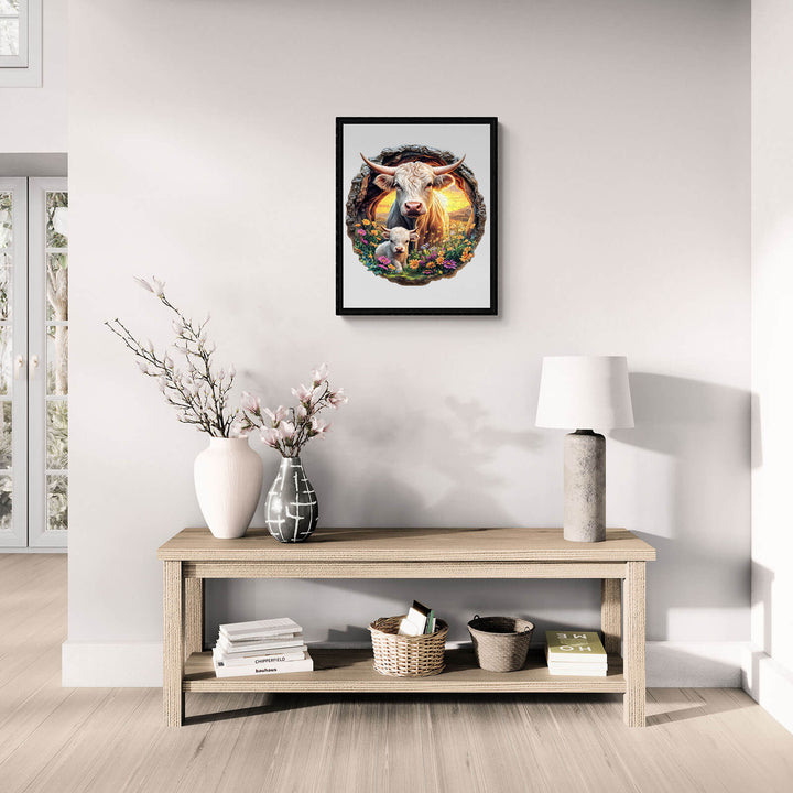 Cattle Family jigsaw puzzle displayed on a modern shelf with decor items in a bright, stylish living room.