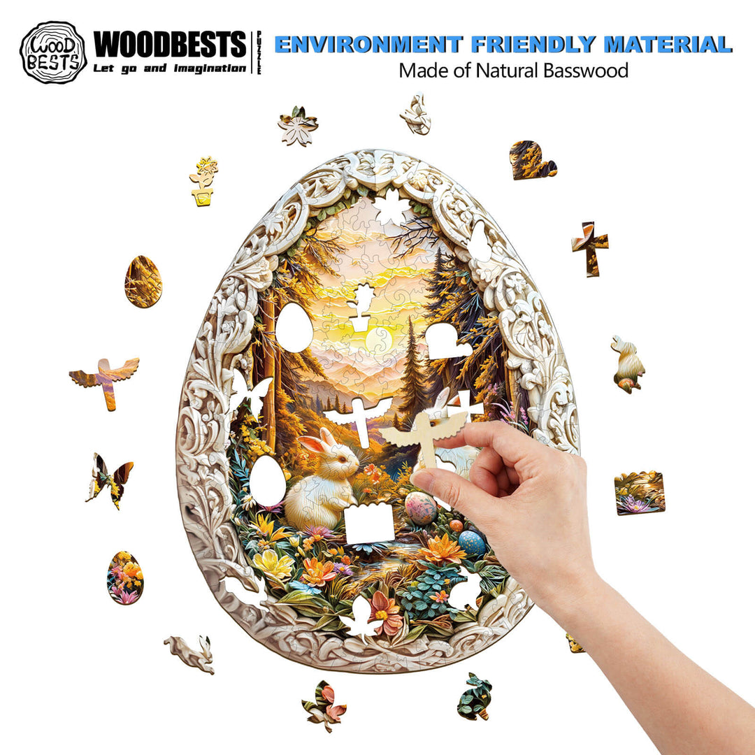 Person assembling Wonderland Easter-4 wooden jigsaw puzzle, showcasing vibrant colors and eco-friendly materials.