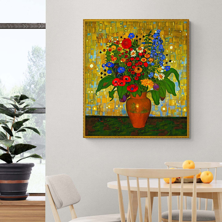 Vase filled with vibrant delphiniums and flowers by artist Nicholas John VARDAXIS, brightening up modern decor.