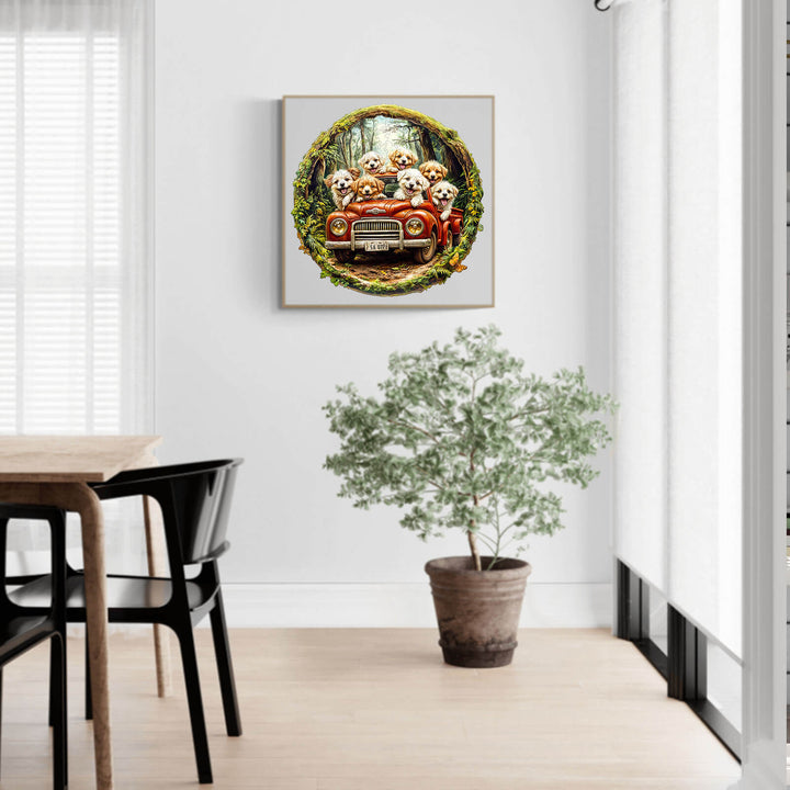 Decorative wall art featuring playful puppies in a vintage car, enhancing a cozy and stylish interior.