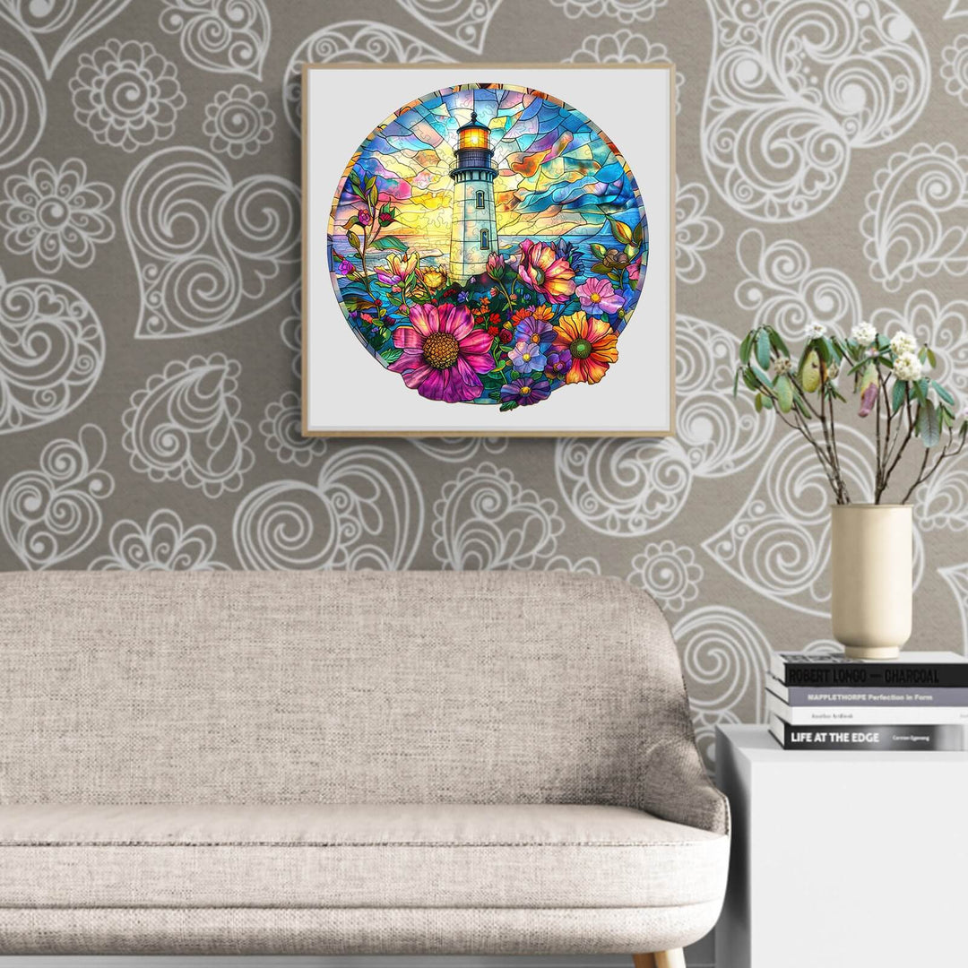 Stained Glass Lighthouse wooden jigsaw puzzle displayed on a wall above a cozy sofa, surrounded by floral designs.