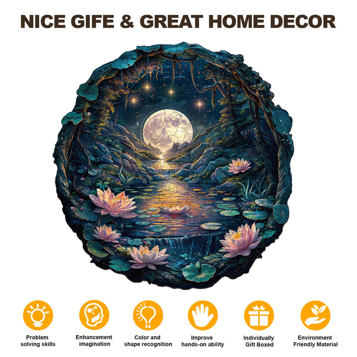 3D wooden puzzle depicting a moonlit cave with lotus flowers, ideal for home decor and gifts.