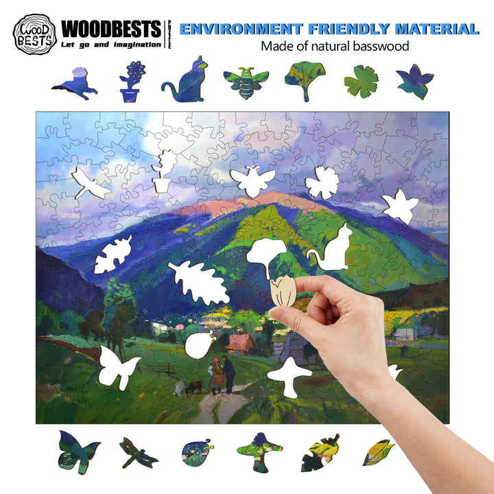 Hand assembling a wooden jigsaw puzzle made of natural basswood featuring a scenic landscape.