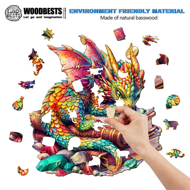 Jeweled Dragon Wooden Jigsaw Puzzle made of natural basswood, featuring a colorful dragon and puzzle pieces.