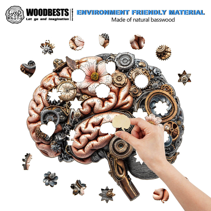 Hand placing a piece in a 3D Mechanical Brainstem wooden jigsaw puzzle made of eco-friendly natural basswood.