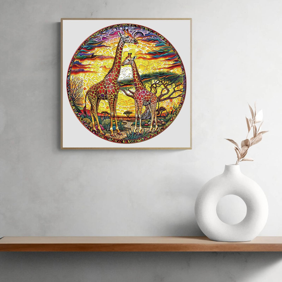 Colorful giraffe art puzzle in a round frame, showcasing two giraffes against a scenic sunset background.