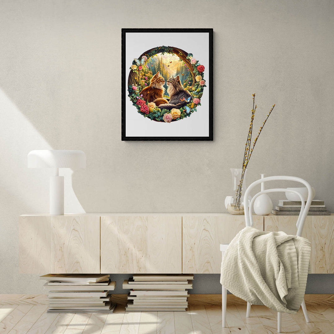 Two cats surrounded by flowers in a circular frame, featured in a cozy, modern living room setting.