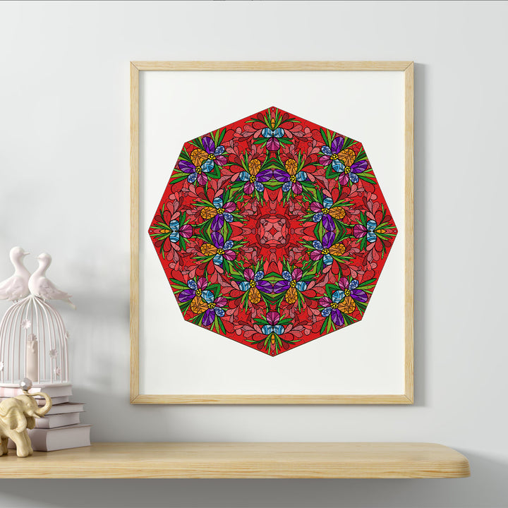 Bursting Blooms doodle art by Lori Anne McKague featuring vibrant flowers on a red hexagon background.