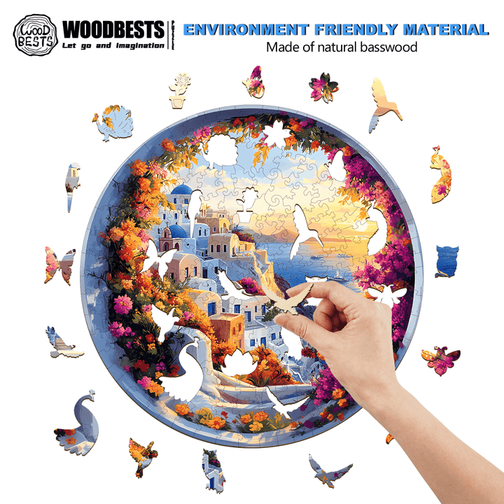 Close-up of Santorini Wooden Jigsaw Puzzle made from natural basswood, showcasing colorful pieces being assembled.