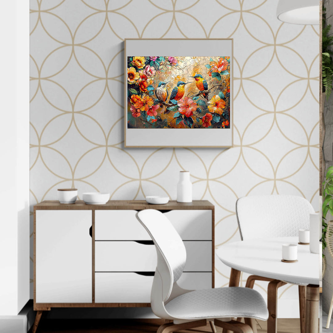 Colorful Hummingbird Garden wooden jigsaw puzzle displayed in a modern living room setting.