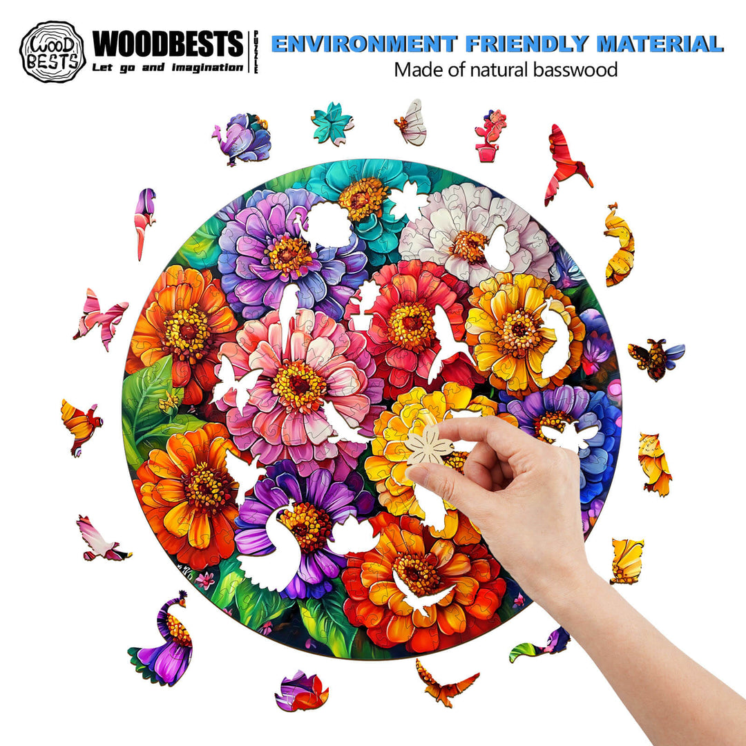 Beautiful Flowers Wooden Jigsaw Puzzle in progress, showcasing vibrant colors and eco-friendly materials.