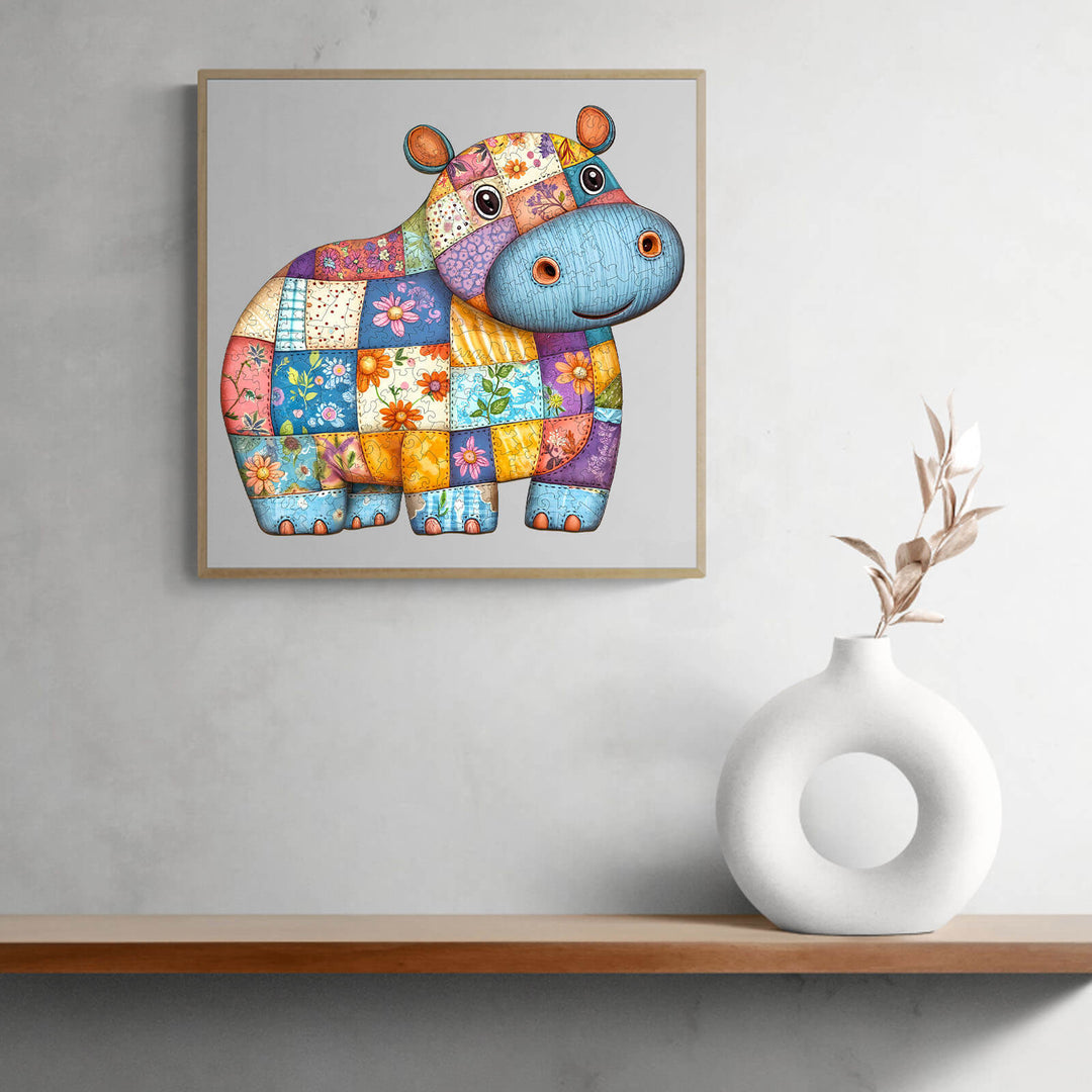 Colorful patchwork hippo wooden jigsaw puzzle on a shelf, designed for fun and mind development.