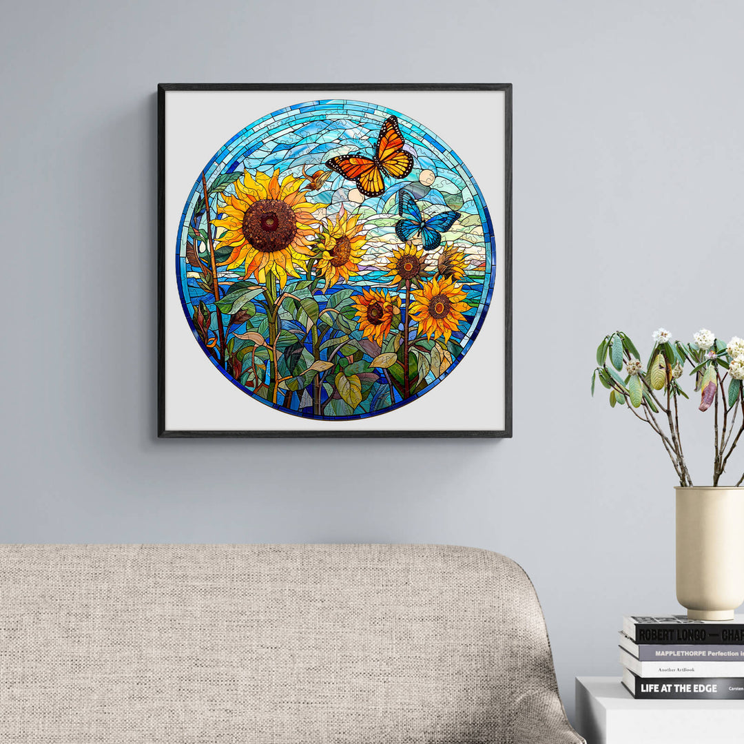 Stained glass sunflower art puzzle with butterflies in a circular frame, enhancing home decor and engaging puzzlers.