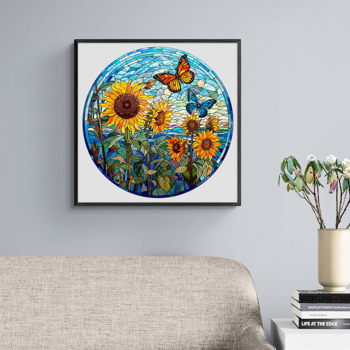 Stained glass sunflower art puzzle with butterflies in a circular frame, enhancing home decor and engaging puzzlers.