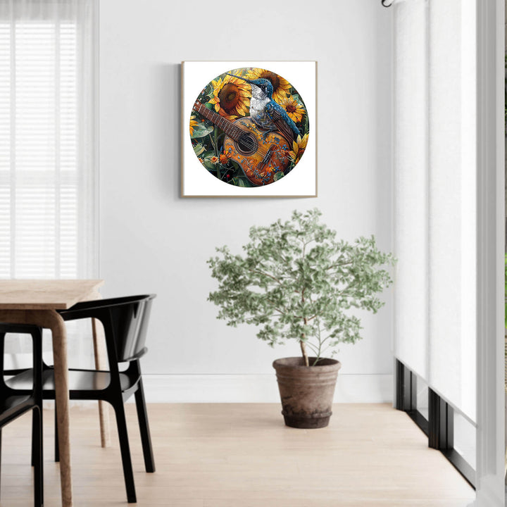 Colorful round artwork featuring a bird and guitar, set in a bright room with a potted plant and stylish furniture.