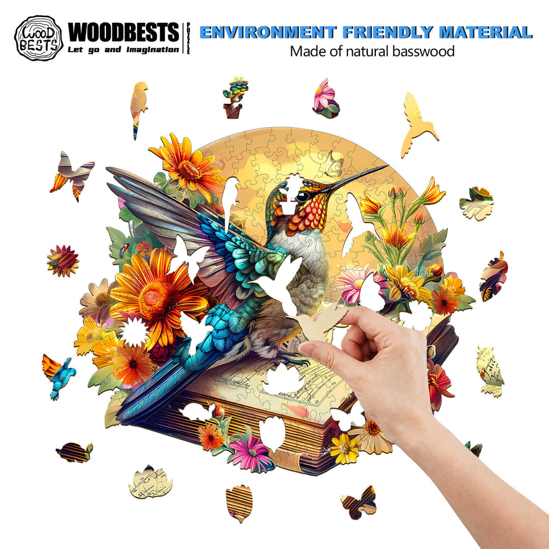 Colorful Hummingbird on book wooden jigsaw puzzle made from natural basswood, perfect for enhancing focus and mental skills.