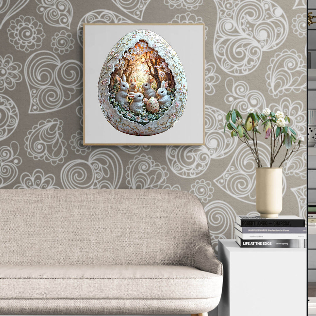 3D Eggshell world Easter-2 wooden jigsaw puzzle featuring bunnies, surrounded by floral decor, perfect for brain games.