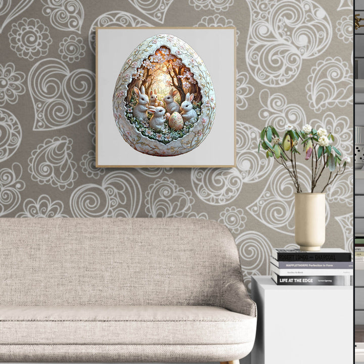 3D Eggshell world Easter-2 wooden jigsaw puzzle featuring bunnies, surrounded by floral decor, perfect for brain games.