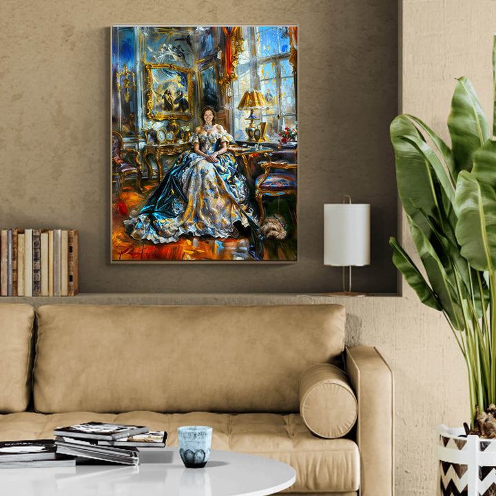 Elegant woman in a blue gown, seated in a stylish room with vintage decor and plants.