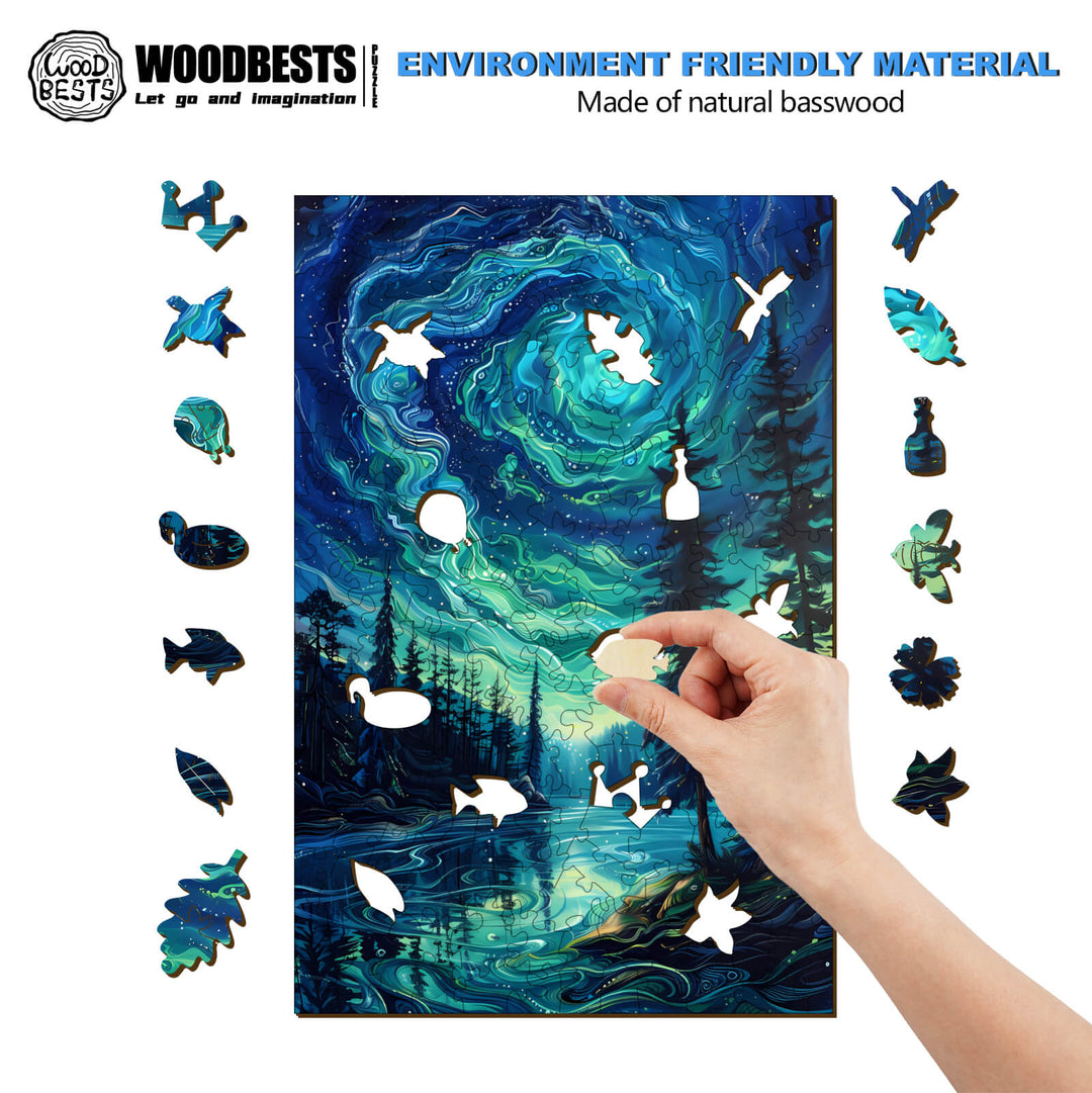 Person assembling the Night Aurora-2 wooden jigsaw puzzle made of natural basswood, featuring a vibrant, starry night scene.