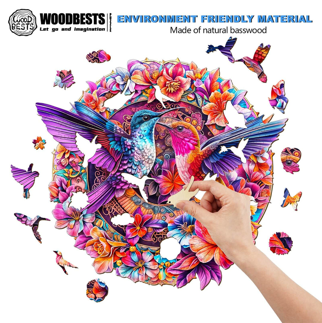 Colorful Flower Hummingbird Wooden Jigsaw Puzzle, designed for focus and fun, made of natural basswood.