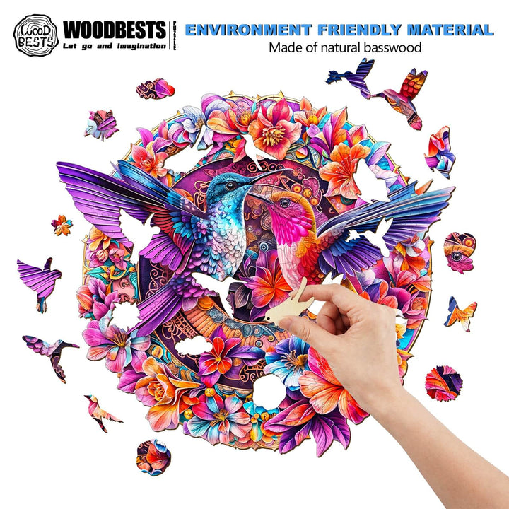 Colorful Flower Hummingbird Wooden Jigsaw Puzzle, designed for focus and fun, made of natural basswood.