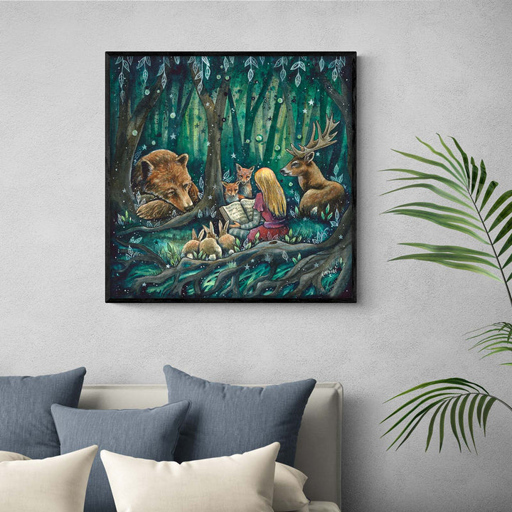 The Storyteller artwork by Kathryn Fedora, depicting a girl reading to forest animals, vibrant colors and enchanting scene.