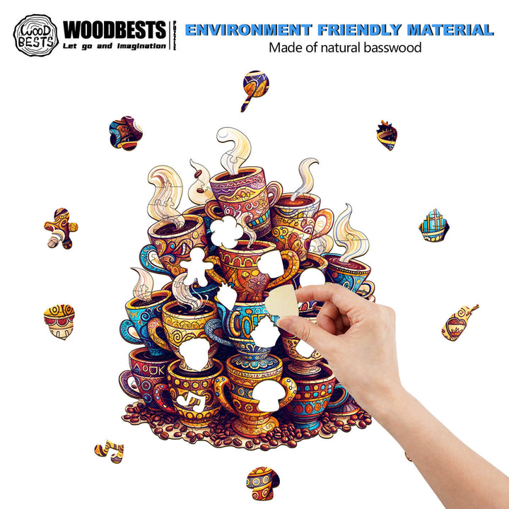 Hand placing a puzzle piece in the Coffee Dreams wooden jigsaw puzzle made from natural basswood.