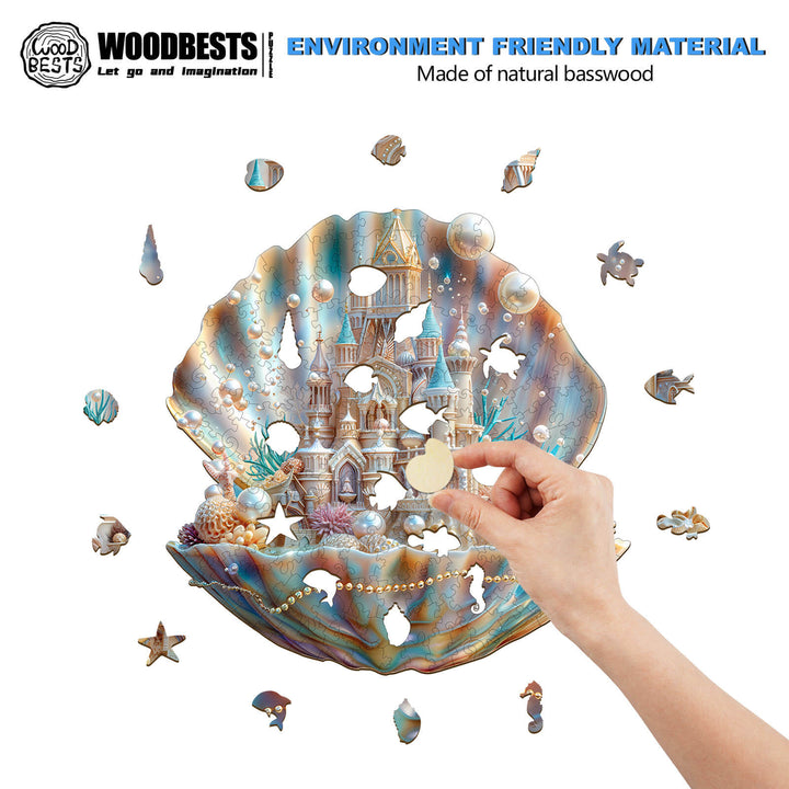 Person assembling the Pearlspire Citadel-1 wooden jigsaw puzzle made from natural basswood.