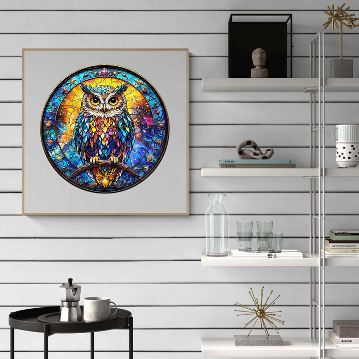 Colorful stained glass owl artwork framed on a modern shelf, adding vibrant decor to any room.