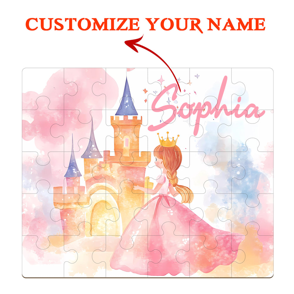 Fairy Tale Princess wooden jigsaw puzzle, customizable with child's name, featuring pastel colors and a magical castle.