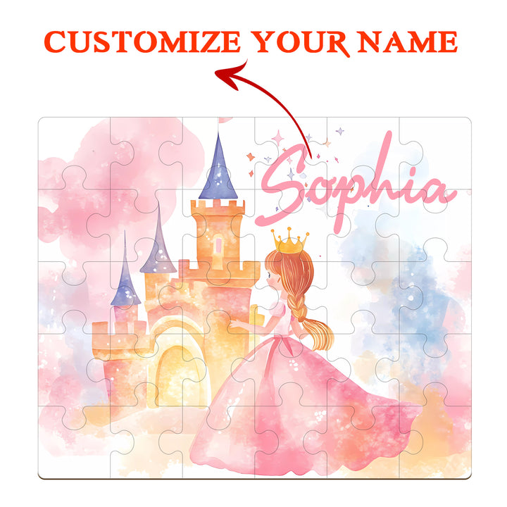 Fairy Tale Princess wooden jigsaw puzzle, customizable with child's name, featuring pastel colors and a magical castle.
