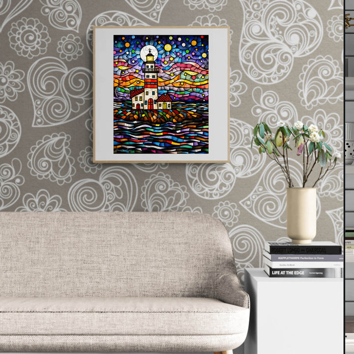 Glassy Lighthouse artwork by Pietro Gallo, featuring colorful waves and a vibrant lighthouse, displayed in a modern living room.