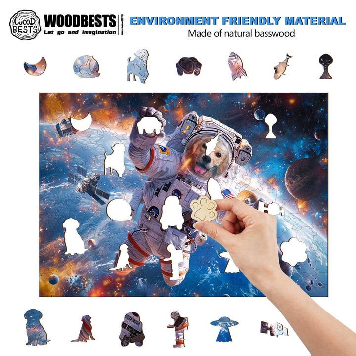 Person assembling Space Traveler Max wooden jigsaw puzzle with dog astronaut in space background, eco-friendly material.