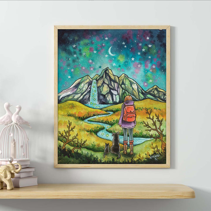Art print 'Mountains and Stars' by Kathryn Fedora, featuring a girl with her dog in a vibrant, starry landscape.