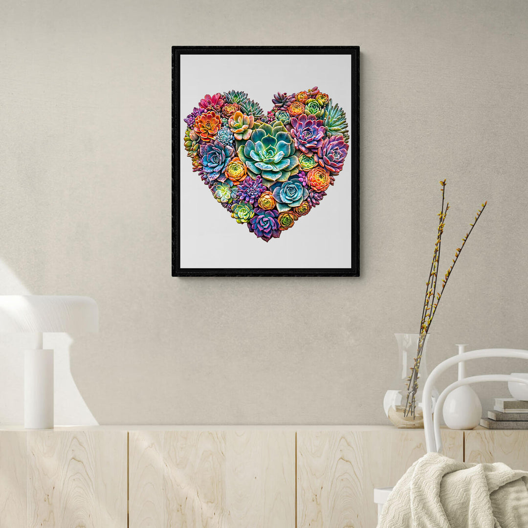 Colorful heart-shaped succulent art print on a wall, perfect for home decor enthusiasts and nature lovers.