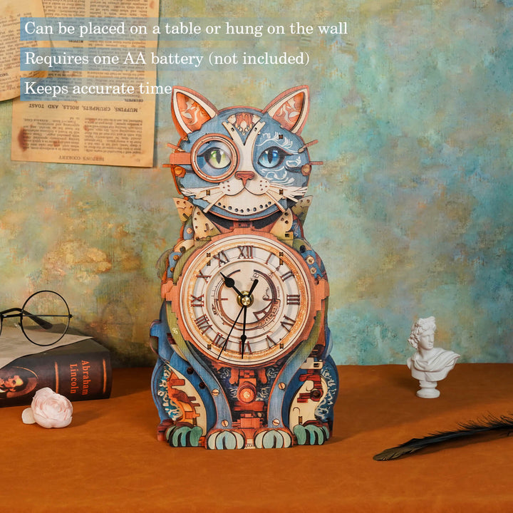 Colorful wooden cat clock DIY puzzle kit for wall or table use, requires AA battery, keeps accurate time.
