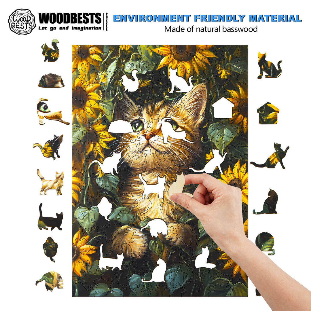 Hand placing a piece in a colorful sunflower and cat wooden jigsaw puzzle, showcasing eco-friendly material.