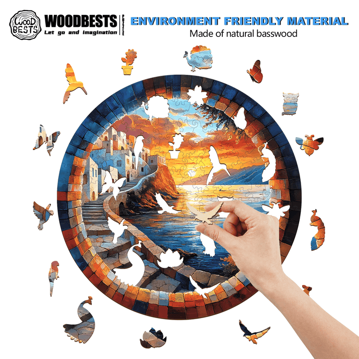 Hand placing a piece in a Capri Wooden Jigsaw Puzzle made of natural basswood, vibrant coastal scenery.