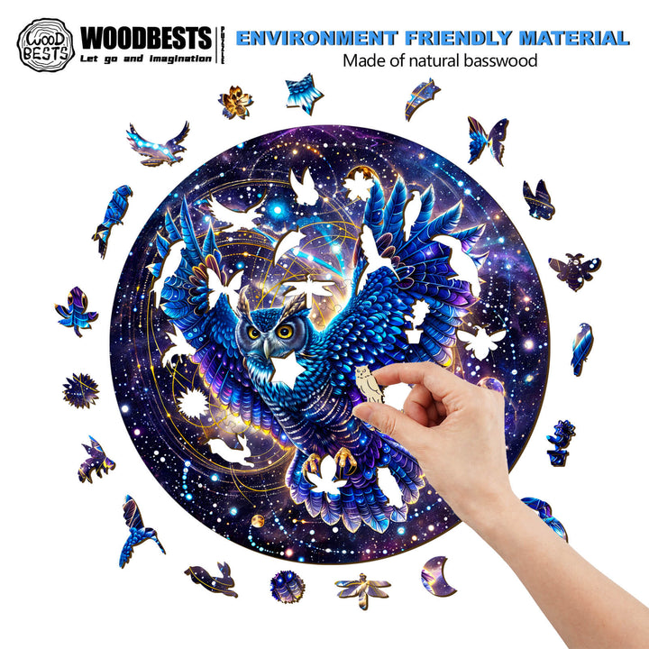 Woman assembling Galaxy Owl-1 wooden jigsaw puzzle made of natural basswood, showcasing vibrant colors and intricate designs.