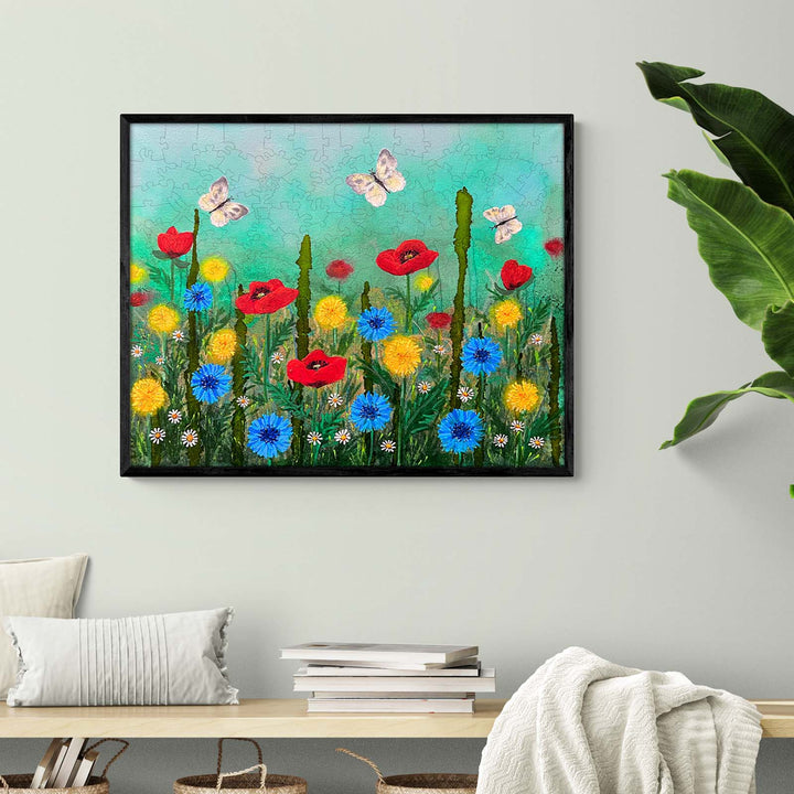 Colorful Poppy Garden artwork by Nicholas John VARDAXIS, featuring vibrant flowers and butterflies in a modern living space.