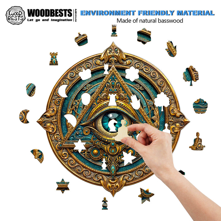 Mysterious Eye wooden jigsaw puzzle featuring unique designs, made from eco-friendly natural basswood.