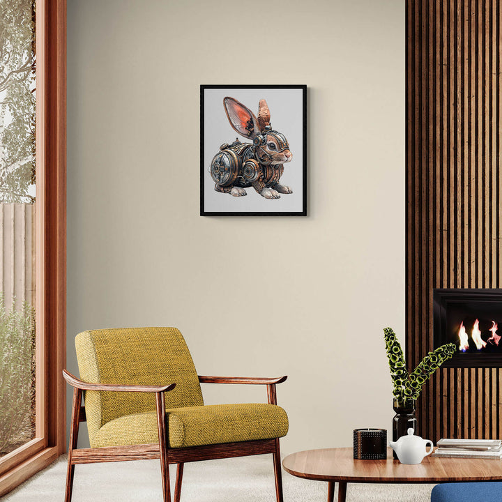 Mechanical rabbit wooden jigsaw puzzle art displayed in a modern living room with a cozy chair and fireplace.