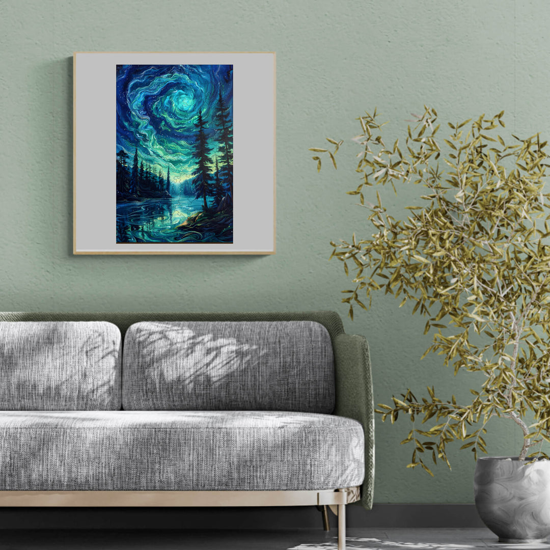 Framed Night Aurora-2 jigsaw puzzle artwork on a green wall above a cozy couch next to indoor plants.