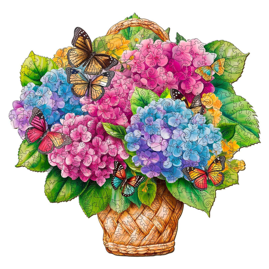 Colorful flower basket wooden jigsaw puzzle with butterflies, showcasing vibrant hydrangeas and lush green leaves.