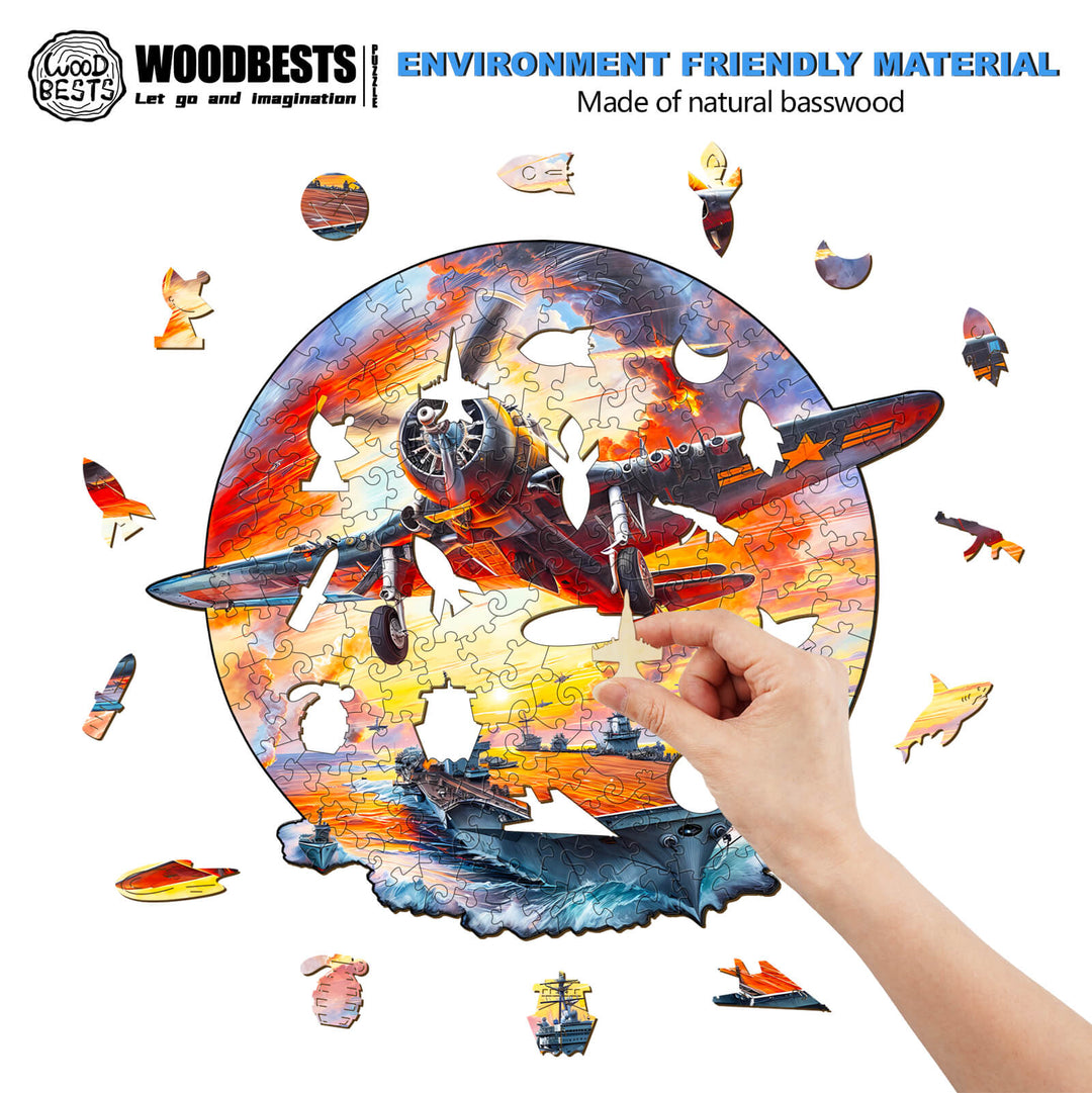 Hand assembling a colorful Fighter Plane wooden jigsaw puzzle made from natural basswood, promoting focus and mental skills.