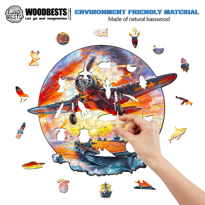 Hand assembling a colorful Fighter Plane wooden jigsaw puzzle made from natural basswood, promoting focus and mental skills.