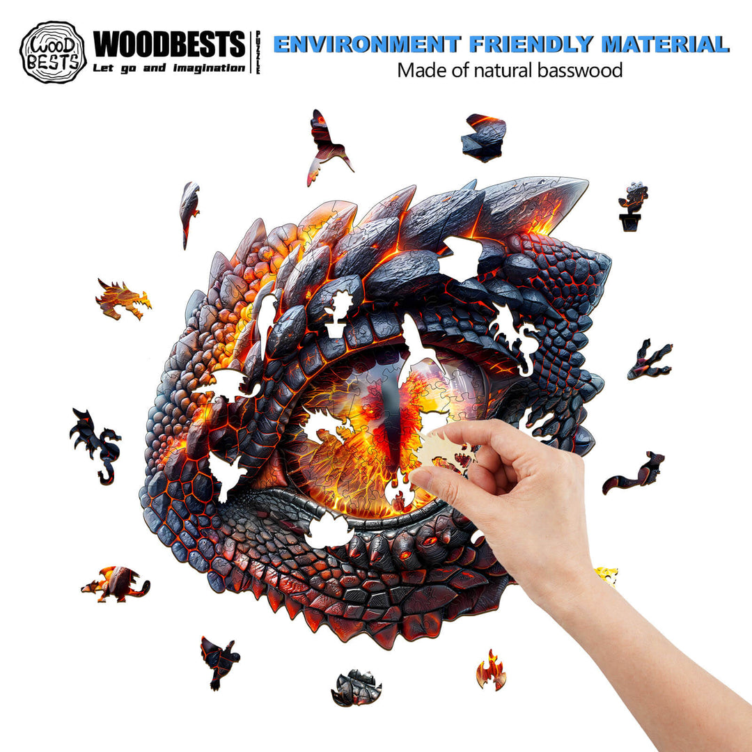 Hand assembling a 3D Blaze Eye wooden jigsaw puzzle made of natural basswood, featuring colorful dragon designs.