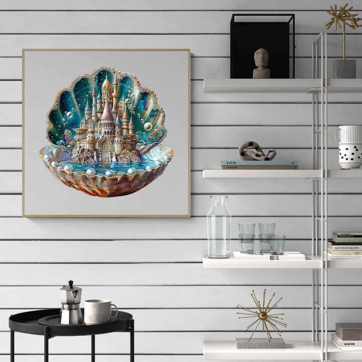 Colorful Pearlspire Citadel-2 wooden jigsaw puzzle art displayed on a modern shelf, enhancing creative decor.