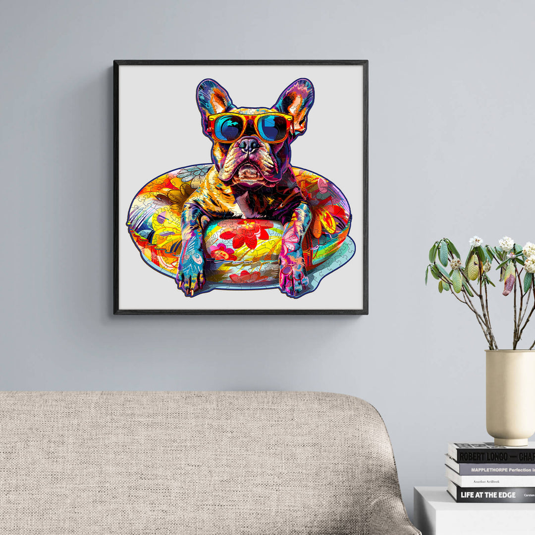 Colorful French Bulldog illustration in sunglasses, lounging on a float, stylish wall art for dog lovers.
